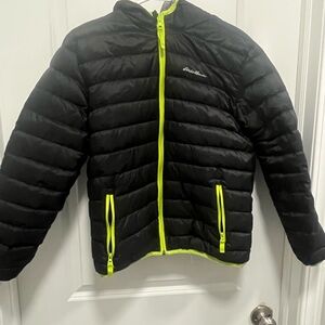 Eddie Bauer Reversible Black/gray Down Puffer Jacket With Lime Green Size Y14/16